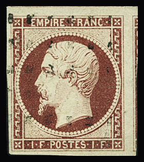 N°18 1f carmin avec voisin, obl. gros points carrés,