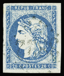 N°44Ac 20c bleu clair, Type I Report 1, obl. GC propre,