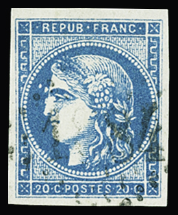 N°45C 20c bleu, Type II Report 3, variété tâches blanches