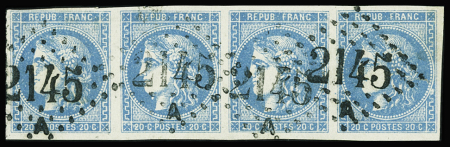 N°46B 20c bleu, Type III Report 2, bande de 4, obl.
