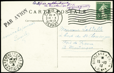 N°137 OBL mec "Paris RP départ" (14.10.13) sur carte postale pour Fort de France (Martinique) avec CAD octogonal "Bordeaux à Colon LD n°1" (15.10)