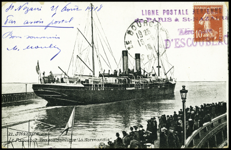 N°138 annulé par griffes violettes "Ligne postale aérienne de Paris à St Nazaire" et "aéro-gare d'Escoublac" sur carte postale avec arrivée "Le Bourget Seine"