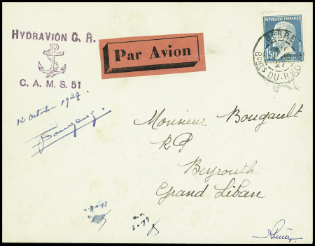 11/12.10.1926 Berre - Beyrouth par Paris et Bougault, lettre avec cachet violet de l'hydravion CAMS 51 et signature de Bougault (Muller n°176). Rare et TB