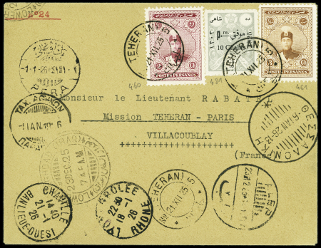 21/12.1925 - 21.1.1926 Raid Téhéran Lyon Paris par Rabatel et escadrille militaire française, lettre AFF Iran n°460 + 461 + 481 avec CAD des escales