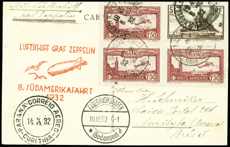 Zeppelin : N°260 + PA5, 3 pièces OBL Mulhouse (6.10.1932) sur carte postale pour le Brésil avec cachet rouge "Luftschiff graf Zeppelin 8 sudamerikafahrt 1932"