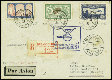 Zeppelin : n°207 + 263 + PA6 OBL Strasbourg (29.6.33) sur lettre recommandée pour Pernambouc avec cachet rect bleu "1933 Luftschiff graf Zeppelin 3 sudamerikafahrt"