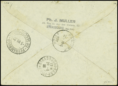 Zeppelin : n°207 + 263 + PA6 OBL Strasbourg (29.6.33) sur lettre recommandée pour Pernambouc avec cachet rect bleu "1933 Luftschiff graf Zeppelin 3 sudamerikafahrt"