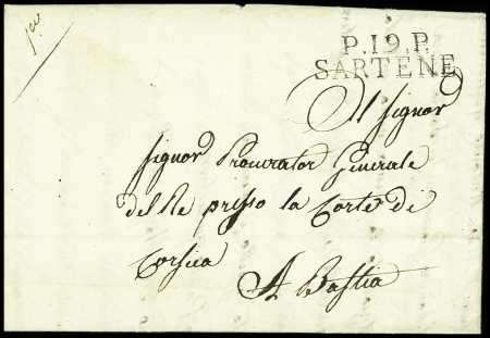 Lettre avec MP "P 19 P Sartene" (1822), ind 19, jolie pièce. TB
