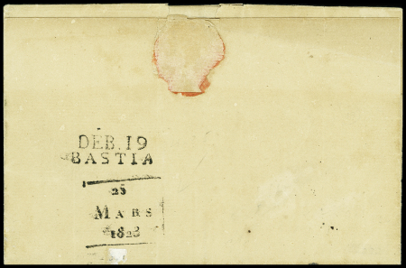 Lettre de Paris pour Calvi avec au verso MP "Deb 19 Bastia" et marque d'arrivée "23 mars 1823", signé V.Pothion, ind 19+, TB