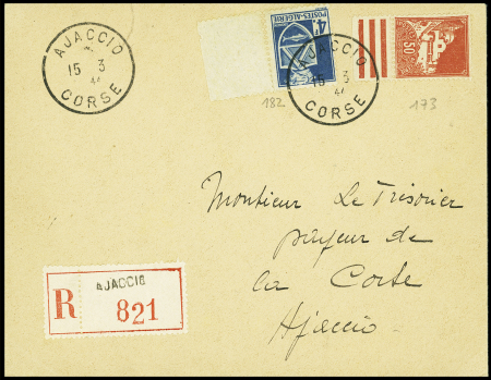 Algérie n°173 + 182 OBL CAD "Ajaccio Corse" (15.3.44) sur lettre recommandée. TB