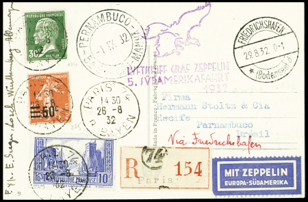 N°174 + 225 + 261 OBL Paris 74 (26.8.32) sur carte postale illustrée recommandée par Zeppelin pour Pernambouc (Brésil) avec cachet violet illustré d'un aigle