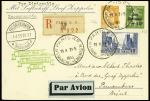 Zeppelin. N°253 + 261 + 286 OBL grand CAD horoplan "Paris RP affranchissement H" (31.5.1933) sur carte postale recommandée pour Pernambourc (Brésil)