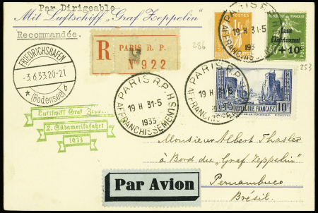 Zeppelin. N°253 + 261 + 286 OBL grand CAD horoplan "Paris RP affranchissement H" (31.5.1933) sur carte postale recommandée pour Pernambourc (Brésil)
