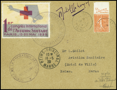 N°199 OBL Orly (18.5.29) sur lettre pour Reims avec vignette Croix-Rouge du 1er congrès international de l'aviation sanitaire Paris 15-20 mai 1929 et signature