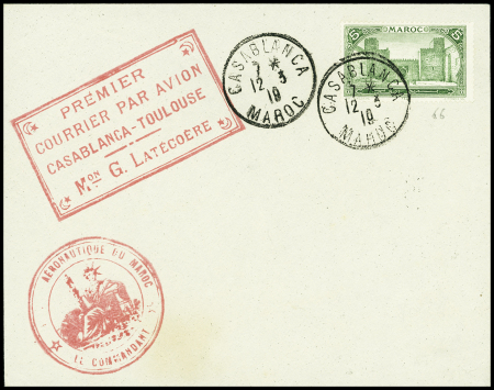 COLLECTION DE LETTRES DE LA LIGNE MERMOZ Maroc n°66 OBL Casablanca (12.3.1919) sur env. témoin sans adresse avec cachet rect rouge