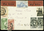 Maroc n°63 en paire + 65 + 66 + 67 OBL Casablanca (juillet 1920) sur lettre pour Paris avec 2 étiquettes par avion  à cadre fin + vignette Guynemer