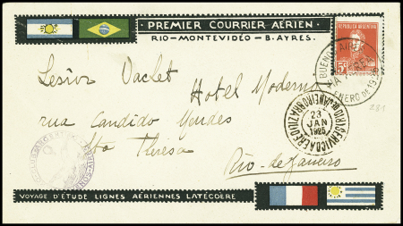 Mission Roig vol de retour Buenos Aires Rio (21 - 23 janvier 1925). Argentine n°281 OBL CAD "Buenos Aires via aerea enero de 1925" sur env. Illustrée