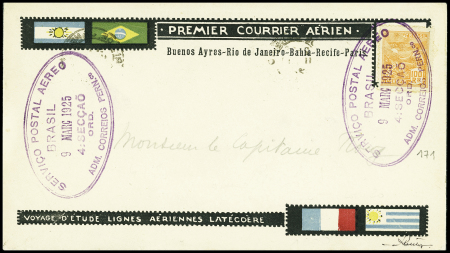 Mission Roig vol de retour Recife Rio - Brésil n°171 OBL CAD violet ovale "Serviço postal aereo Brasil" (9 mars 1925) sur env. illustrée voyage d'études Latécoère