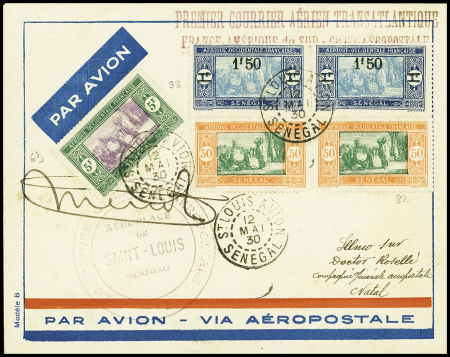 12/13.5.1930 Saint Louis Natal, lettre AFF Sénégal n°69 + 82 en paire + 98 en paire OBL CAD "St Louis avion Sénégal" sur env. avec cachet et signature