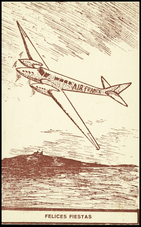 Carte postal de Nouvel An à tarif réduit d'Uruguay : trimoteur Air France survolant Montevideo. RR et TB