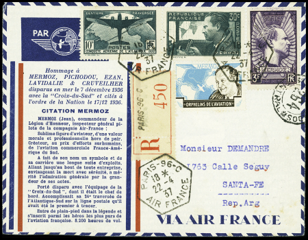 N°321 + 337 + 338 OBL hex "Paris 96C Air France" (22.4.37) sur lettre recommandée d'hommage à Mermoz adressée à Santa-Fe (Argentine). TB