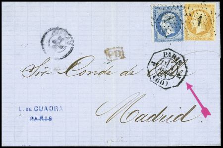N°22 + 23 OBL étoile 1 + CAD octogonal de levée exceptionnelle "J Paris J (60) * E1" (1864) sur lettre pour Madrid. TB