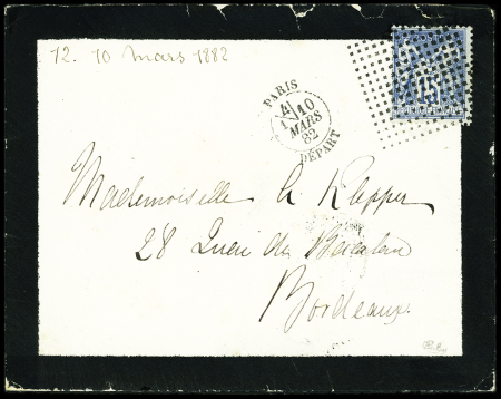 N°90 OBL d'essai Daguin précurseur carré de 196 points + CAD "Paris départ" (1882) sur env. de deuil. Rare et TB