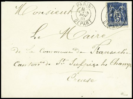 N°90 OBL CAD d'essai duplex en caractères romains avec section de levée "Paris départ" (18 nov 83) sur lettre. Rare et TB. Signé Calves