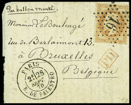 N°31 OBL étoile 16 + CAD "Paris R. de Palestro" (28 sept 70) sur ballon monté pour Bruxelles avec arrivée 13 oct suraffranchi à 40c (Les Etats Unis)