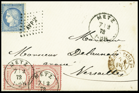 N°60 OBL losange de points ambulant "AVP2°" + Allemagne n°4 en paire OBL CAD allemand de Metz (1872) sur lettre. TB