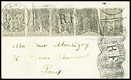 N°87, bande de 5, OBL mec "Paris départ" (13 janv 99) avec grand drapeau ombré sur une petite lettre. TB