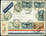 N°321 10F centième traversée de l'Atlantique Sud 4 pièces + n°262 + n°301, 3 pièces (1 repliée et 1 au verso) + n°281 (au verso) OBL Paris 92 (27.2.37)