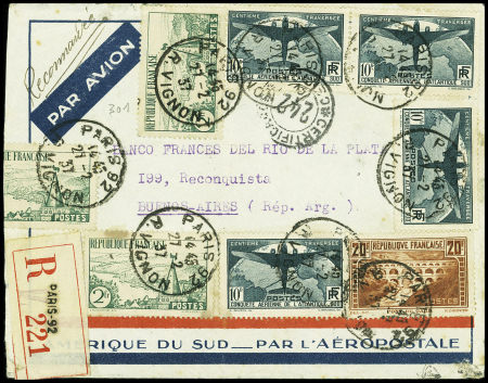 N°321 10F centième traversée de l'Atlantique Sud 4 pièces + n°262 + n°301, 3 pièces (1 repliée et 1 au verso) + n°281 (au verso) OBL Paris 92 (27.2.37)