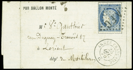 N°37 OBL losange de points "AFG" + CAD "Armée française G" (25 dec 70) sur ballon monté pour Lorient avec arrivée 31 dec (Le Tourville). TB