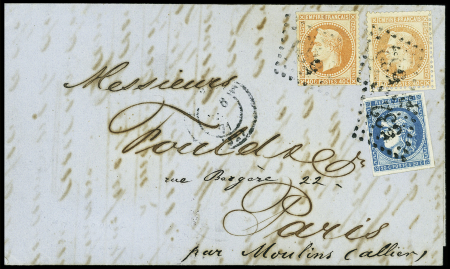 N°31, 2 pièces + n°45 OBL GC 532 + T17 Bordeaux (6 janv 71) sur boule de Moulins en provenance de Hambourg (Allemagne). RR et TB