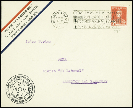 25.11.1927 Buenos Aires Asuncion par Costes et Le Brix, env. avec bandeau tricolore AFF Argentine n°281 OBL Buenos Aires avec flamme spéciale