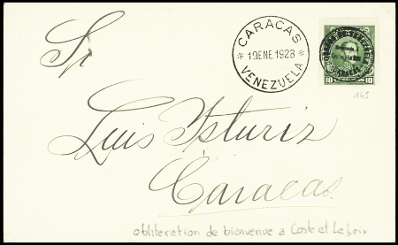 Venezuela n°145 avec petite surcharge ronde "Correos de Venezuela Bienvenida  Costes - Le Brix - Caracas" sur lettre avec CAD de Caracas 19 janv 1928 