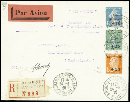 24.6.1928 Paris - Mont Blanc par Joseph Thoret, lettre recommandée AFF n°246 à 248 OBL Bourget Aviation (Muller n°185)