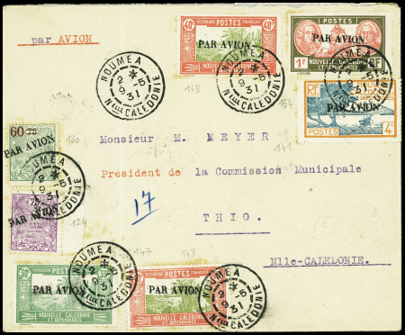 Nouvelle Calédonie n°124 + 13a + 147 + 148, 2 pièces + 141 + 154 avec petite surcharge "par avion" OBL Nouméa (9.5.1931) sur lettre pour Thio