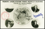 Première liaison aérienne France Nouvelle Calédonie Paris Nouméa 6 mars - 5 avril 1932, carte postale photo avec signature de De Verneilh et cachet rouge privé