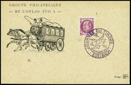 N°505 OBL grand CAD illustré "Journée du timbre Edelbach" (10 oct 1943) sur carte postale de la journée du timbre clandestine du groupe philatélique de l'oflag XVIIA
