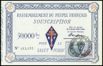 4 bilets de souscription au R.PF. du Général De Gaulle. 1000 F, 5000 F, 10000 F et 50000 F avec timbres fiscaux. TB