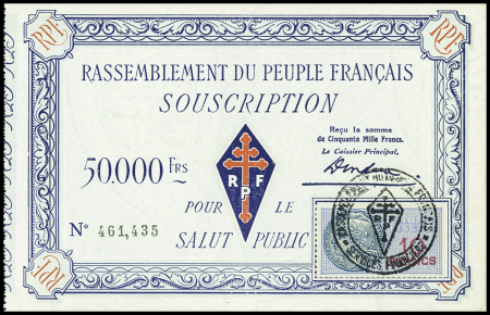 4 bilets de souscription au R.PF. du Général De Gaulle. 1000 F, 5000 F, 10000 F et 50000 F avec timbres fiscaux. TB