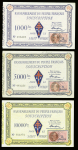 4 bilets de souscription au R.PF. du Général De Gaulle. 1000 F, 5000 F, 10000 F et 50000 F avec timbres fiscaux. TB