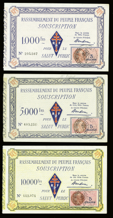 4 bilets de souscription au R.PF. du Général De Gaulle. 1000 F, 5000 F, 10000 F et 50000 F avec timbres fiscaux. TB