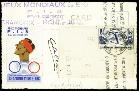 N°334 OBL mec concordante "Jeux mondiaux ski FIS février 1937 Chamonix Mt Blanc" sur carte postale concordante avec vignette et avec signature d'Emile Allais