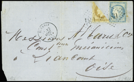 N°28B 10c bistre, MOITIE en diagonale et N°37 20c. bleu, obl. GC 684 s. LSC, càd T16 BUZANCY 12/9/71, arr. LIANCOURT 13/9, TB