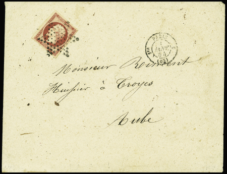 N°18 1f carmin, obl. ETOILE s. Env., càd PARIS (60) 1/1/54, arr. TROYES 1/1, TB/TTB