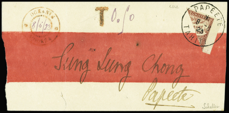 Col. Gen. Taxe N°26 : 1f. Lilas-brun, MOITIE de TIMBRE obl. PAPEETE 9/6/23 s. Env. avec cachet rouge de MOOREA 8/6 et mention T 0,50, RR et TB