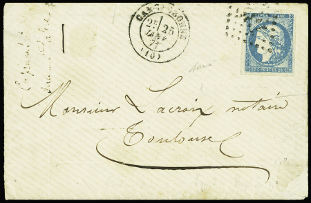N°44B 20c bleu, T I, R II, obl. Losange de points s. Env., càd T15 CARCASSONNE 25/1/71, arr. TOULOUSE 26/1, TB